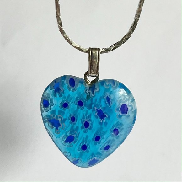 Aqua Blue Murano Art Glass Heart Necklace 18" Millefiori Flowers Silver Plated - Picture 2 of 9